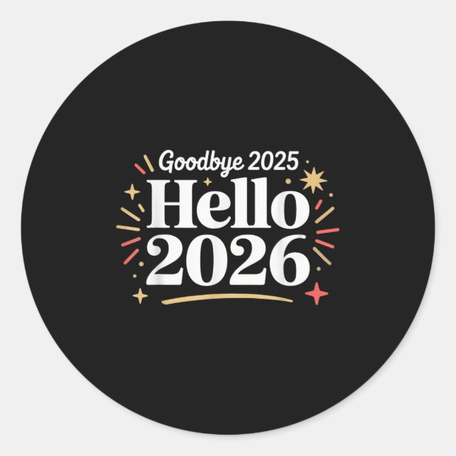 Adesivo Redondo Goodbye 2025 Hello 2026 Happy New Year Confetti  (Frente)