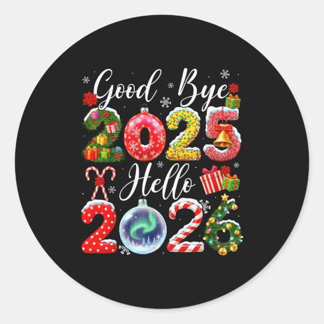 Adesivo Redondo Goodbye 2025 Hello 2026 Merry Christmas Happy New  (Frente)
