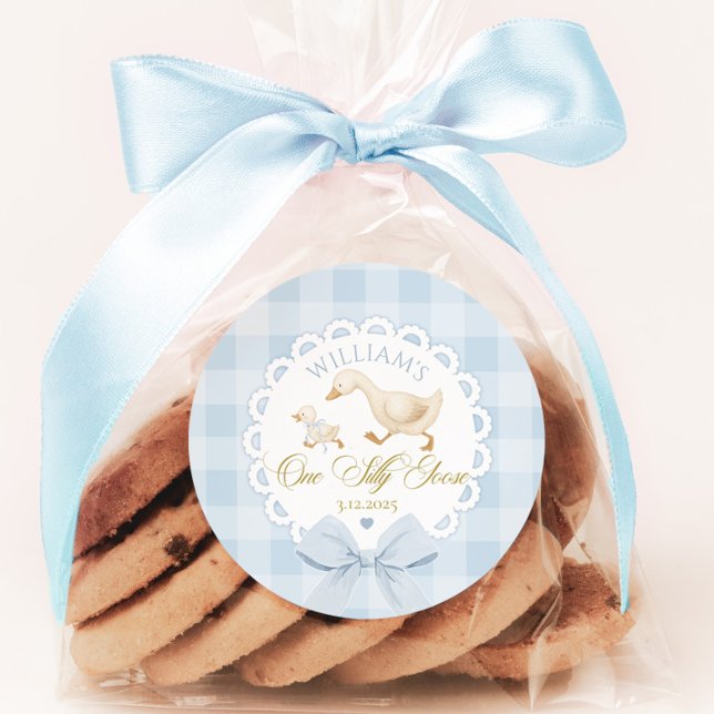 Adesivo Redondo Goose 1st Birthday Blue gingham One Silly Goose (Criador carregado)