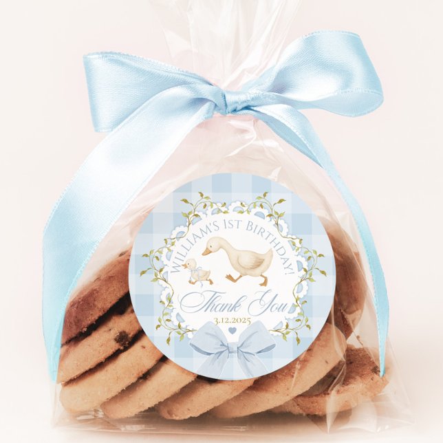 Adesivo Redondo Goose Birthday Blue Gingham Thank you (Criador carregado)