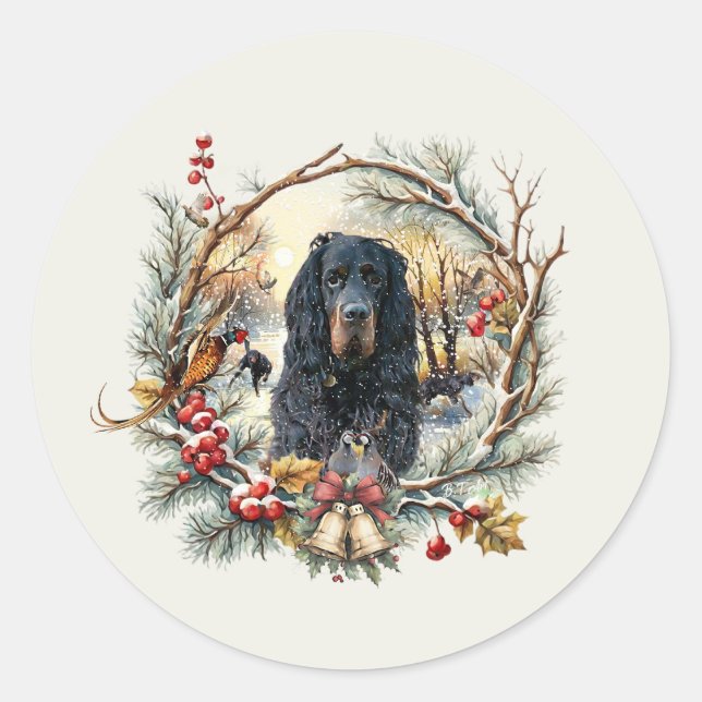 Adesivo Redondo Gordon Setter Christmas Joy – Seasonal Dog Art (Frente)