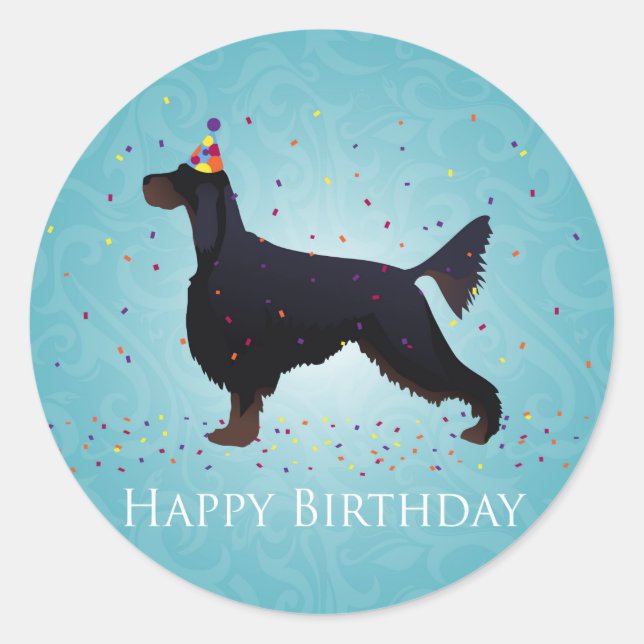 Adesivo Redondo Gordon Setter Happy Birthday Design (Frente)