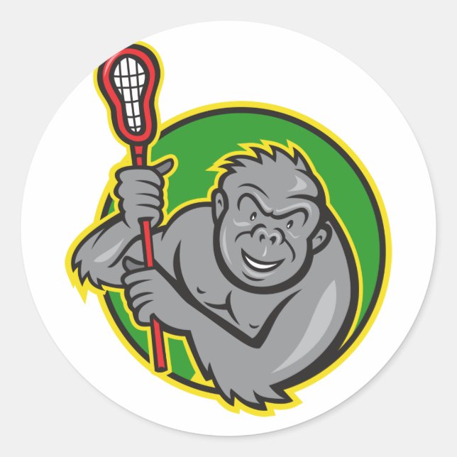 Adesivo Redondo Gorilla Ape Com Cartoon De Lacrosse Stick (Frente)