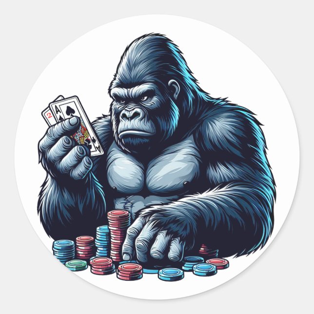 Adesivo Redondo gorilla ape jogando cartas jogando pôquer casino (Frente)