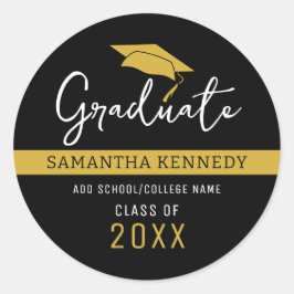 Adesivo Redondo Gorra de Graduação Moderna Preta e Dourada da Turm