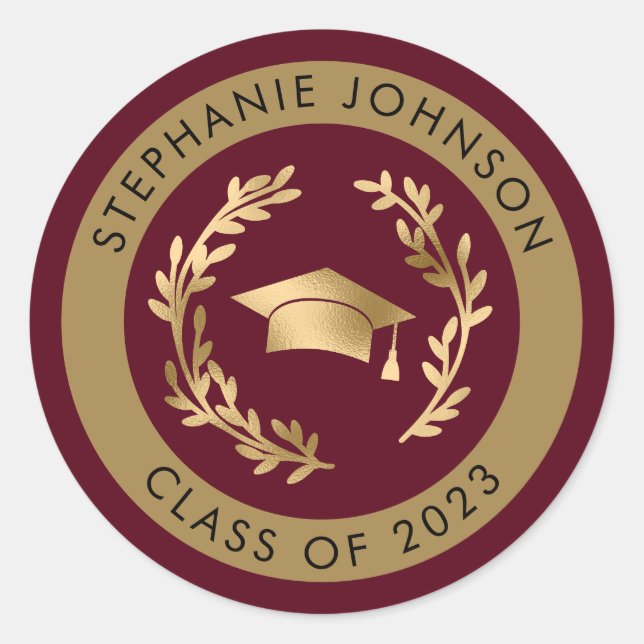 Adesivo Redondo Gorra de Graduado e Coroa de Folhas Roxo Dourado T (Frente)