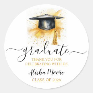 Adesivo Redondo Gorra de Graduado em Aquarela Obrigado