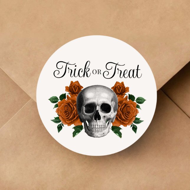 Adesivo Redondo Gothic Floral Skull Trick Or Treat Halloween (Gothic Floral Skull Trick Or Treat Halloween Classic Round Sticker)