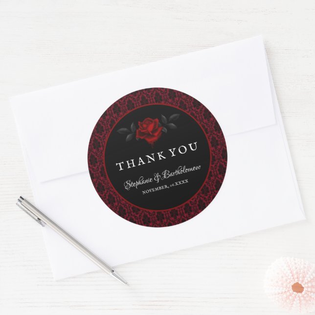 Adesivo Redondo Gothic Red Damask Rose Wedding (Envelope)