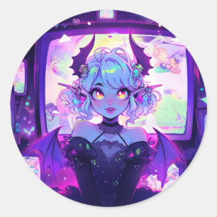 Adesivo Redondo Gótica Cyberpunk Demon Fantasy Anime Girl