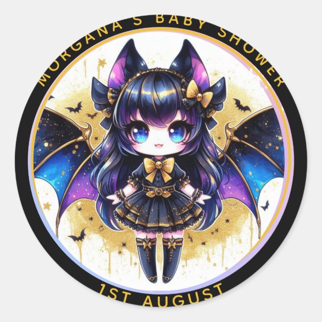 Adesivo Redondo Gótico Bebê Chá Bat Vampiro Obrigado (Frente)