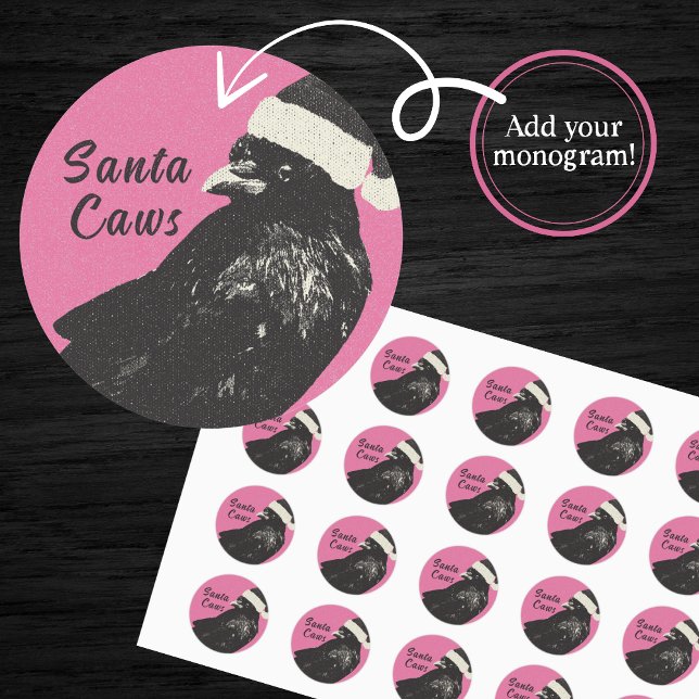 Adesivo Redondo Gótico Corvo Feliz Natalzinha Rosa e Preto Feriado (Unique, memorable Christmas card seals with a crow wearing a Santa Hat. Customize with your initials)