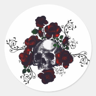 Adesivo Redondo Gótico do Estilo de Tatuagem de Caveira e Rosas