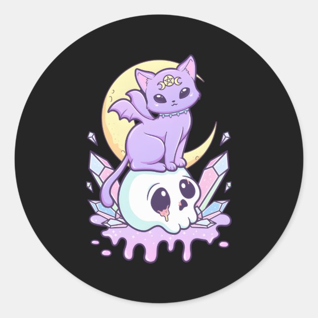Adesivo Redondo Gótico Kawaii Pastel Cachorro E Caveira (Frente)