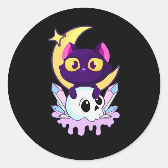 Adesivo Redondo Gótico Pastel Moon Wiccan Animal Cat Skull (Frente)