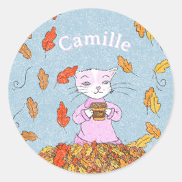 Adesivo Redondo Graceful Cat Fall Kid Sticker with Name