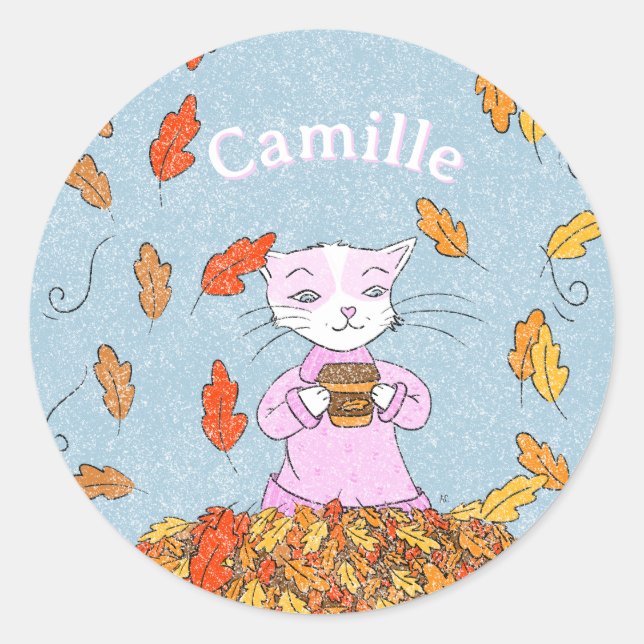 Adesivo Redondo Graceful Cat Fall Kid Sticker with Name (Frente)