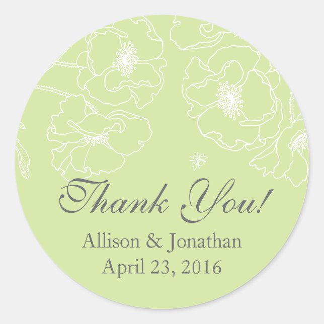 Adesivo Redondo Graceful Green Poppy Floral Obrigado Casamento (Frente)