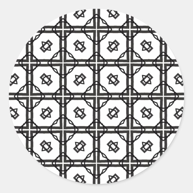 Adesivo Redondo Grade Geométrica de Links Duplos, Brancos Pretos (Frente)