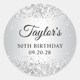 Adesivo Redondo Gradiente 50.º Aniversário de Prata da Glittery