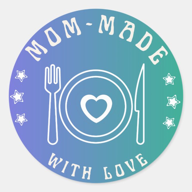 Adesivo Redondo Gradiente Azul Fabricado pela Mãe com o Pau de Amo (Frente)