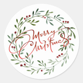 Adesivo Redondo Gradiente de Coroa de Frutas Vermelhas Feliz Natal