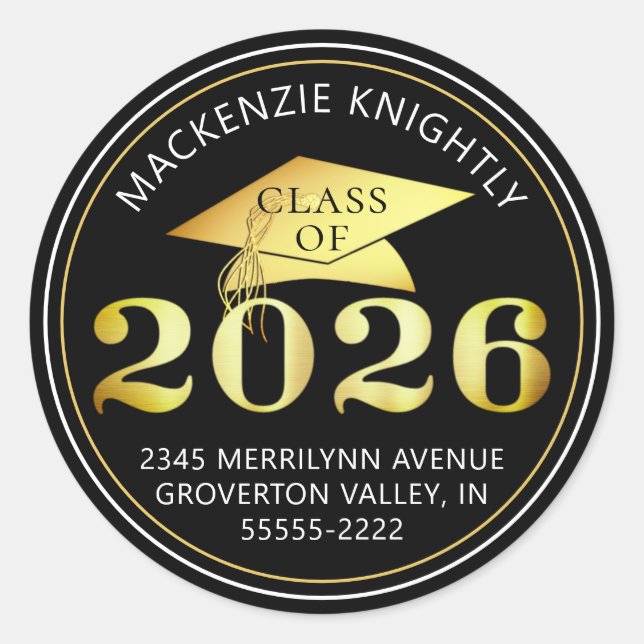 Adesivo Redondo Graduação 2025 Faux Gold Foil Return Address (Frente)