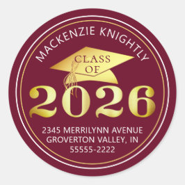 Adesivo Redondo Graduação 2025 Maroon Faux Gold Foil Address