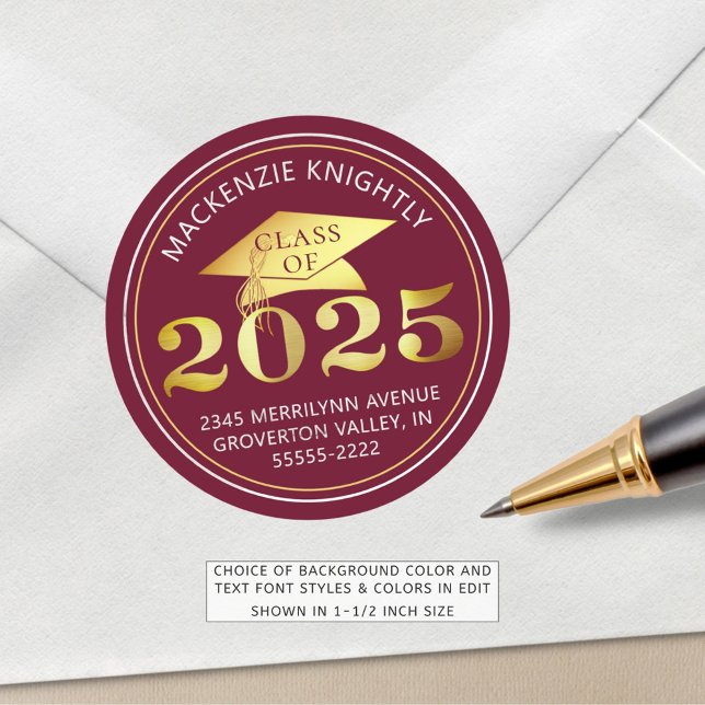 Adesivo Redondo Graduação 2025 Maroon Faux Gold Foil Address (Criador carregado)
