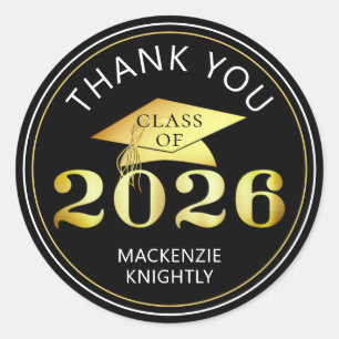 Adesivo Redondo Graduação 2025 Obrigado Preto Dourado Faux Folha