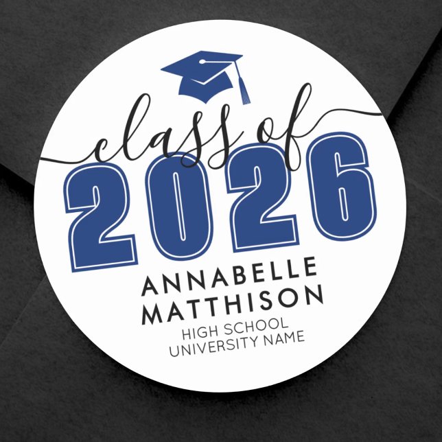 Adesivo Redondo Graduação Azul (Graduate Class Of 2026 Blue Graduation Classic Round Sticker)