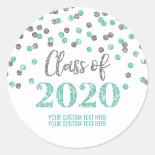 Adesivo Redondo Graduação de 2020 do Teal Silver Glitter Confett