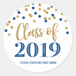 Adesivo Redondo Graduação de Confetti Glitter Azul Dourado 2019