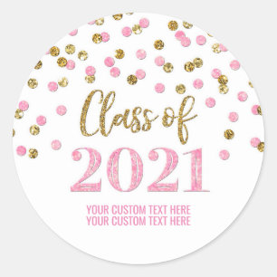 Adesivo Redondo Graduação de Confetti Glitter Dourado Rosa 2021