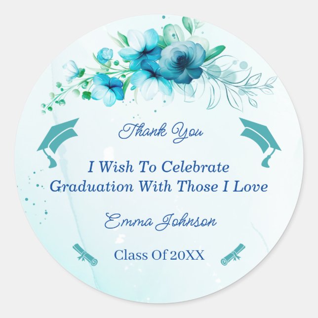 Adesivo Redondo Graduação de Flor Azul Elegante Personalizada (Frente)