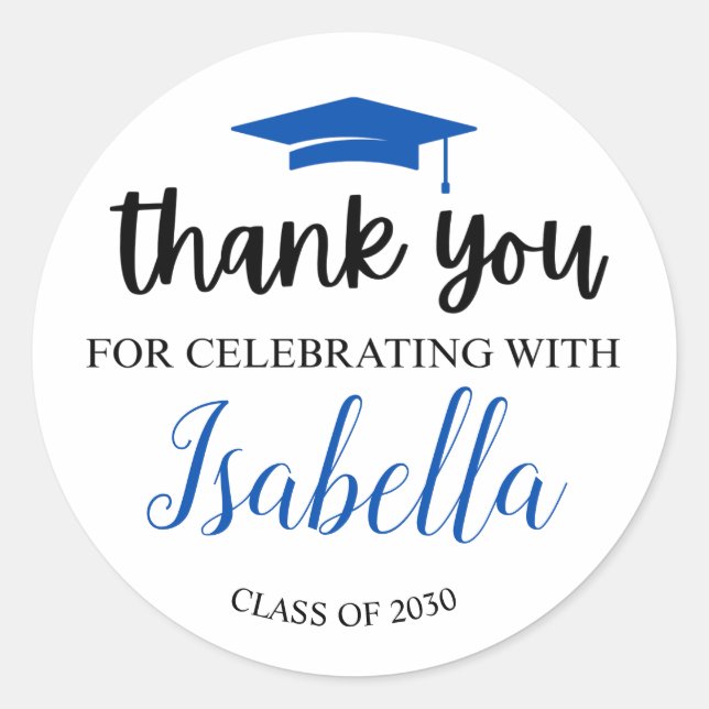 Adesivo Redondo Graduação de Script Azul Elegante Obrigado Fav (Frente)