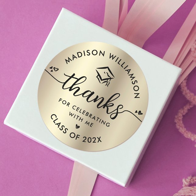 Adesivo Redondo Graduação Dourada Preta Obrigado Boné de Script Mo (Criador carregado)