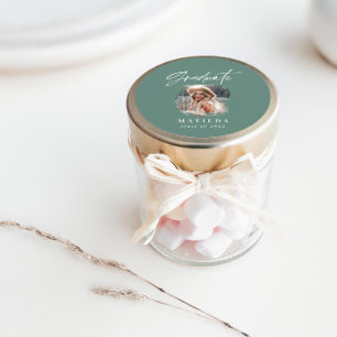 Adesivo Redondo Graduação elegante de fotos com roteiro verde mo