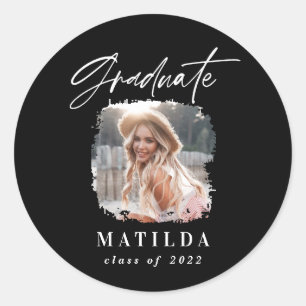 Adesivo Redondo Graduação elegante de fotos com script branco pr