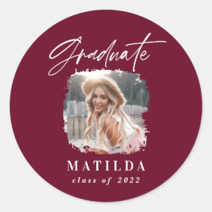 Adesivo Redondo Graduação elegante de fotos com script burgundy 