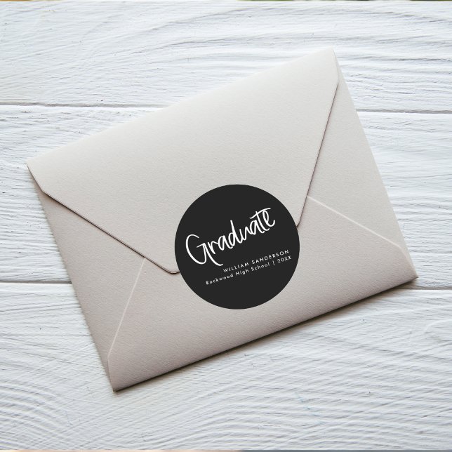 Adesivo Redondo Graduação em Preto e Branco de Script Moderno (Criador carregado)