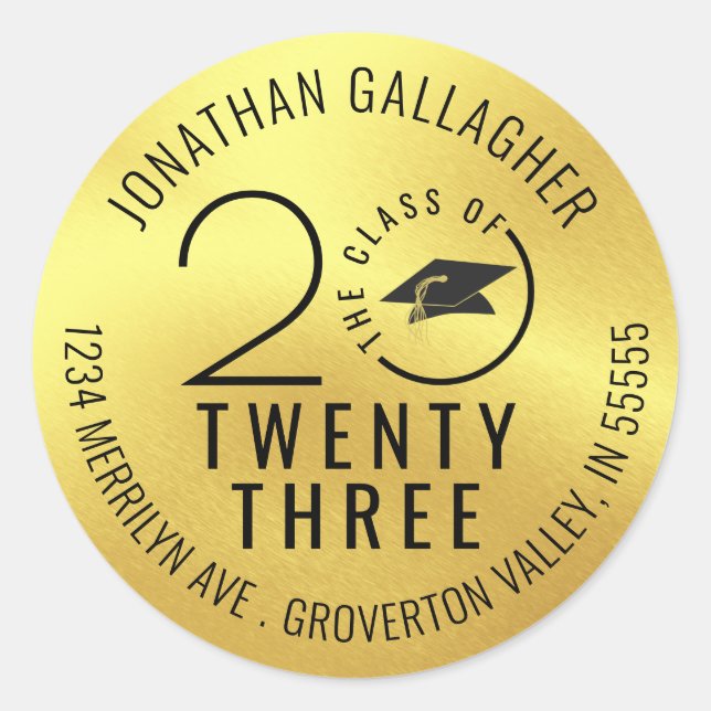 Adesivo Redondo Graduação Endereço Dourado preto metálico (Frente)