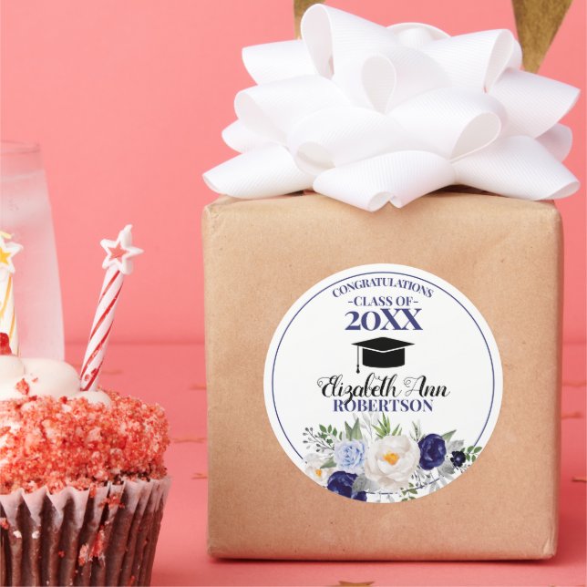 Adesivo Redondo Graduação Floral de marinho Azul-Aquarela (Festa)