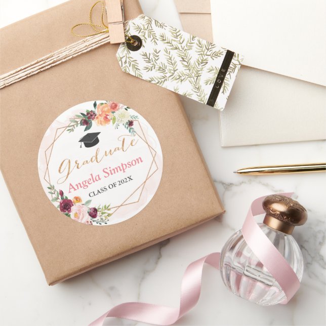 Adesivo Redondo Graduação Floral de Quadro Geométrico Obrigado (Presentear)