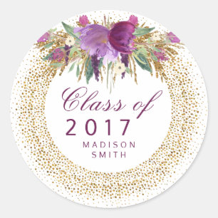 Adesivo Redondo Graduação Glitter Aquarela Flor Dourado Confetti