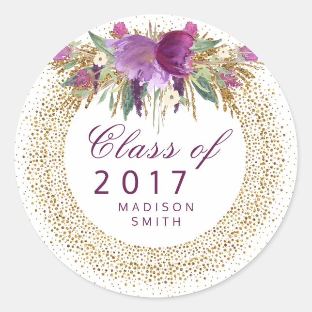 Adesivo Redondo Graduação Glitter Aquarela Flor Dourado Confetti (Frente)