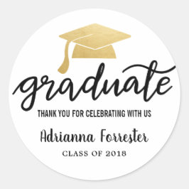Adesivo Redondo Graduação Hat Faux Gold Foil Obrigado