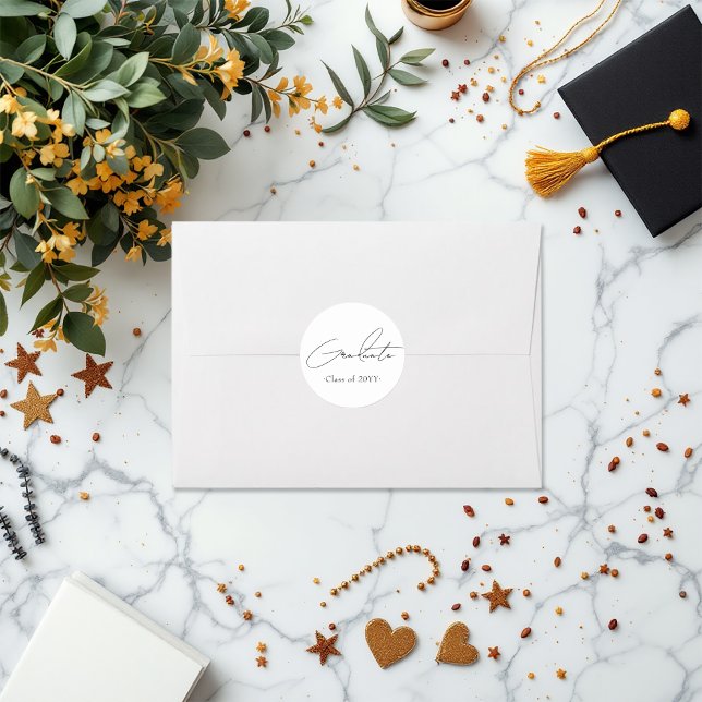 Adesivo Redondo Graduação Minimalista Preto e Branco (Minimalist Black and White Graduation Classic Round Sticker)