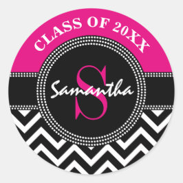 Adesivo Redondo Graduação Monograma Chevron Rosa Quente e Preto
