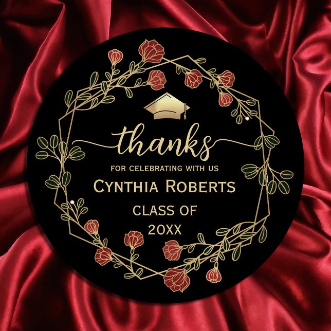 Adesivo Redondo Graduação Obrigado Dourado Floral Vermelho ("Golden gratitude blooms! 🎓✨ Our round frame red and gold flower thank you stickers #glamour )